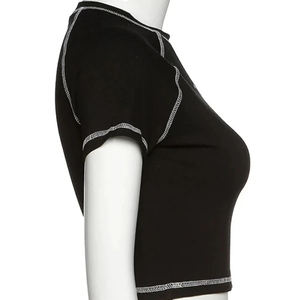 Top corto estampado con pantalla de color verde oliva para mujer, Top con adornos de contraste, camisetas recortadas - Product Image 5