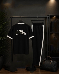 Ensemble t-shirt et jogging pour homme, noir, col rond, manches courtes, couleur unie, tenue décontractée d'été avec bordure blanche et taille à cordon de serrage - Product Image 5