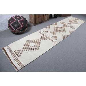 Alfombra Vintage Herki, Alfombra Turca de 2.7x12.6 pies, Alfombra de Lana Blanca con Diseño Floral - Product Image 2