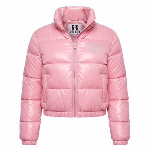 Custom Women Cropped <b>Puffer</b> <b>Jacket</b> Glossy Nylon Quilted Rhinestone Heart Satin Lined Y2K OEM Wholesale - Product Image 1