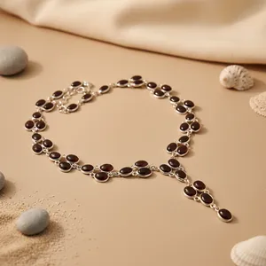 Collier Lariat en Argent 925 avec Grenat, Chaîne Classique pour Femme, Pierre Ovale Sertie en Bezel, Bijou Quotidien - Product Image 2
