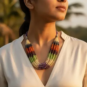 Collar de Piedras Preciosas con Cuentas de Estilo Bohemio Vintage para Mujer, Cuentas Coloridas de Jade, Granate y Turquesa con Perla para Fiesta o Regalo - Product Image 2