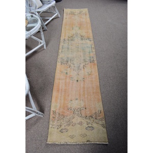 1.8x9 ft Runner Turkish Rug, Vintage Rug, <b>Brown</b> Yellow Animal Print <b>Wool</b> Rug - Product Image 1