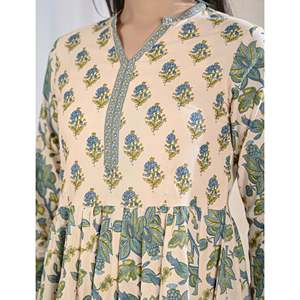 Vestido Largo de Algodón Estampado Verde Crema con Cuello Mandarín, Transpirable y Casual para Club, Suministro ODM - Product Image 2