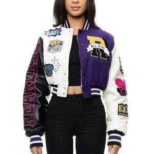 Cropped <b>Varsity</b> <b>Jacket</b> for men and women <b>Purple</b> Vintage Street Wear Embroidered Baseball HBCU College University men's <b>jackets</b> - Product Image 2