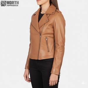 Veste de motard en cuir véritable classique pour femme, neuve, respirante, en toile, fermeture éclair, tricotée, coupe ajustée - Product Image 1