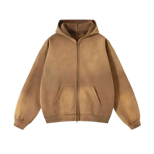 Ropa de calle para hombre, sudadera con capucha de lana de alta calidad en blanco con cremallera Vintage, doble lavado con ácido, bolsillos desgastados desteñidos al sol - Product Image 3