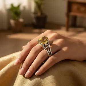 แหวนเงินแท้ 925 ดีไซน์เรขาคณิตประณีต ประดับด้วยพลอยซิทรินเจียระไน ชุบเวอร์เมล์และโรเดียม สำหรับผู้หญิง ตัวเรือนชุบแพลตตินัม ของขวัญเครื่องประดับ - Product Image 3