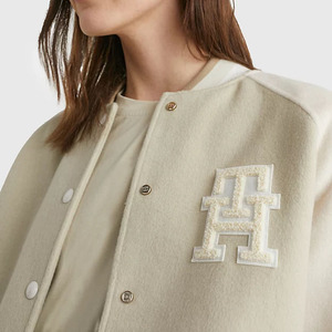 Wholesale Custom Women's Beige Varsity <b>Jacket</b> With Embroidered Letter H Logo Full Sleeve O-Neck Autumn Style - Product Image 6