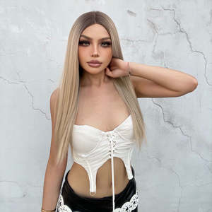 (US Only) Mackenzie-DWY Transparent Lace Front T-Part for Ombre Blonde Long Straight Synthetic <b>Wig</b> - Product Image 4