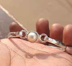 Sterling Silver Plated <b>Boho</b> Interlock Pearl Stone Vintage Bahamian Bangle Stackable Adjustable <b>Bracelet</b> Women Fashion Jewelry - Product Image 1