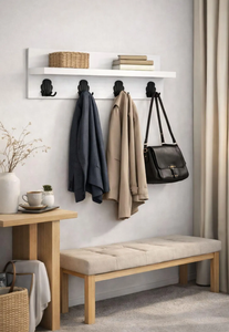 <b>Wall</b> <b>Mounted</b> Wooden <b>Shelf</b> with Hooks Entryway Coat Rack Decorative <b>Wall</b> Organizer White Color - Product Image 5