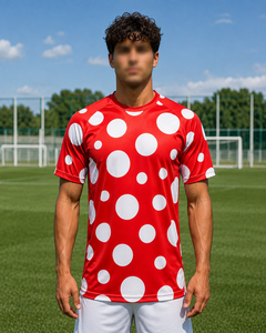 Maillot de football personnalisé à pois rouge et blanc, imprimé moderne, respirant, par sublimation, uniforme d'équipe, vente en gros OEM - Product Image 3