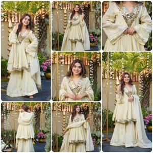 Ensemble Salwar Kritva Fashion, élégant, en soie Jari dorée Cosmos, avec bordure en dentelle à motifs miroir, dupatta pour femmes, longueur genoux, ensemble trois pièces - Product Image 4