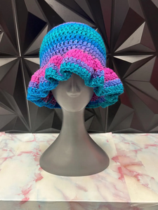 Crochet Ruffle Bucket <b>Hat</b> in Mermaid Colorful Checkered Design Made of Cotton Silk Yarn for Daily Party Outdoor Fishing Use - Product Image 4