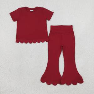 Ensemble décontracté 2 pièces en coton violet uni pour petites filles, avec t-shirt sans manches à ourlet festonné et pantalon taille haute à bords festonnés coupe cloche - Product Image 4
