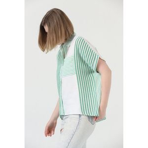 Topshow Emerald Striped <b>Linen</b> Blend Button-Down Shirt for Women - Casual Long Sleeve Blouse with Classic Collar - Product Image 3