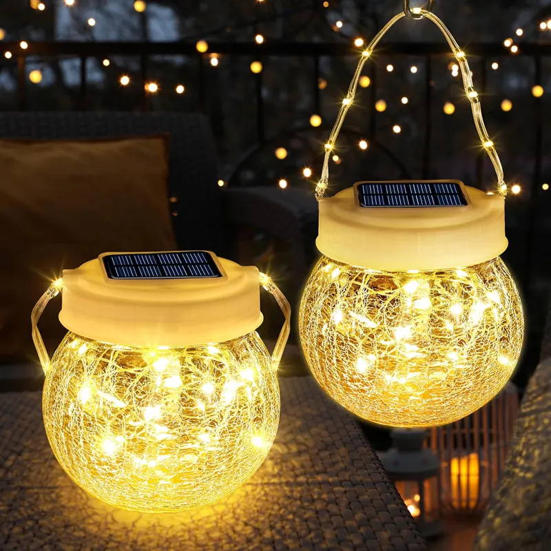 Nieuw Ontwerp Buitentuin Ip65 Waterdichte Decoratieve Fles Fairy Licht 40 Led Solar Opknoping Mason Jar Craquelé Glazen Bal Licht