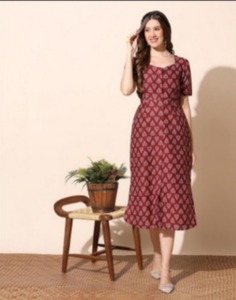 Main bloc imprimé femmes robe mi-longue manches 3/4 bohème décontracté à la main Design Floral indien coton tissu décontracté Floral - Product Image 4