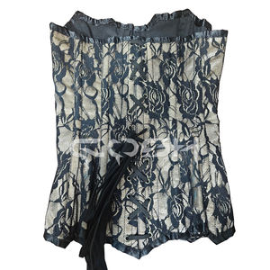 Corset vintage en satin beige avec dentelle noire gothique et baleines en acier |   Haut de lingerie |   Fabricant de Corsets Personnalisés en Gros - Product Image 6