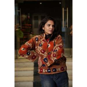 Floral Embroidered <b>Mandarin</b> <b>Collar</b> Woven Velvet <b>Jacket</b> Hand Embroidery Full Sleeve Regular Length Polyester Women's Outerwear - Product Image 1