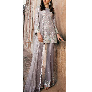 Vente en gros 3 pièces robe de soirée pour femmes à broderie lourde ensemble dames impression Shalwar Kameez costumes dentelle paillettes bouton décorations - Product Image 1