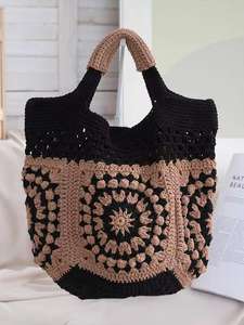 Bolso de hombro de ganchillo de alta gama para mujer, de tela de algodón y paja, suave, de gran capacidad, con forro, para playa - Product Image 3