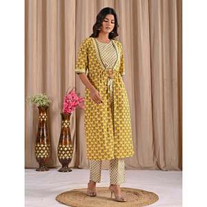 Conjunto de Dos Piezas de Algodón Estampado Amarillo, Top de Manga Corta con Cordones, Talla XS, Trajes de Oficina para la Temporada de Verano - Product Image 5