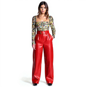 Pantalones de cuero de moda de pierna ancha para mujer, pantalones de cuero de moda con cinturón holgado con múltiples bolsillos para mujer - Product Image 2