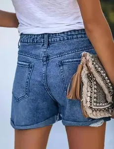 Short taille haute d'été pour femmes vente directe d'usine lâche cylindre droit jambe large bord roulé porté bleu noir coton - Product Image 6