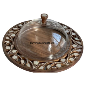 Bandeja de servicio de madera de lujo, plato de servicio decorativo con acabado natural, forma redonda, bandeja de servicio de madera al por mayor - Product Image 2