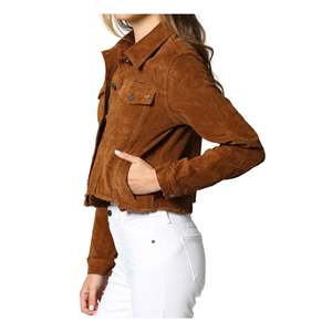 Women's Cropped Corduroy Trucker <b>Jacket</b> Hidden Satin Fabric Gold Brown Size M Autumn Season Bomber Style <b>Sequins</b> Custom - Product Image 3