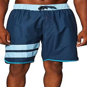 Short de bain pour homme à rayures et blocs de couleur, séchage rapide, taille à cordon de serrage, décontracté, bleu clair avec bordure bleu clair - Product Image 4
