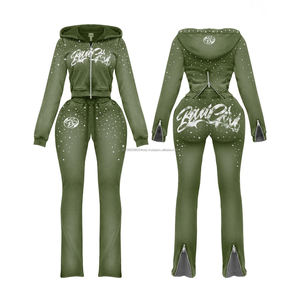 Conjunto de Sudadera con Capucha y Pantalones Deportivos para Mujer, Personalizado, de Alta Calidad, Ecológico, de Algodón Blanco, con Pedrería, Cierre Completo, Corte Ajustado - Product Image 4