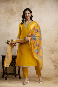 Ensemble Kurta en rayonne à la vente, avec dupatta imprimé floral, pour les occasions de mariage, les occasions de fête, robe traditionnelle - Product Image 3