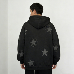 Vintage Men Customized Logo Oversized <b>Black</b> Hoodies Zip up Rhinestone Graphic Pocket <b>Fleece</b> Casual Streetwear Hoodies - Product Image 3