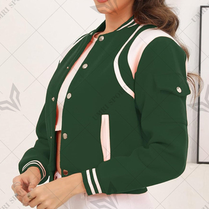 Chaqueta universitaria recortada para mujer en verde oscuro con paneles de contraste blancos y ribete acanalado hecho de poliéster suave y mezcla de algodón - Product Image 3
