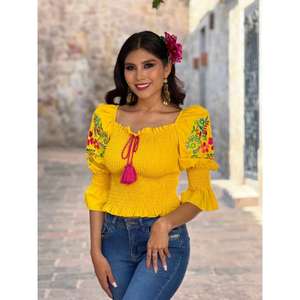 Chemise mexicaine brodée pour femmes, à épaules dénudées, style bohème, avec manches bouffantes - Product Image 2