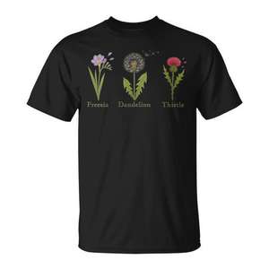 T-shirt promozionale da donna con fiori vintage delicati: Fresia, Tarassaco, Cardo - Product Image 1