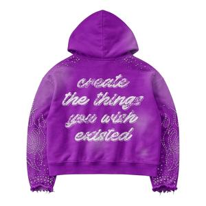 Sweat-shirt surdimensionné en coton épais personnalisé pour l'hiver, lavage à l'acide, impression numérique, broderie sur les manches, strass, effet délavé, service OEM - Product Image 3