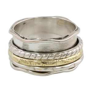 Handcrafted Sterling Silver Brass Indian Spinner <b>Ring</b> 'Spinning Grace' with Diamond Topaz for Wedding or Party AAAAA Quality - Product Image 1