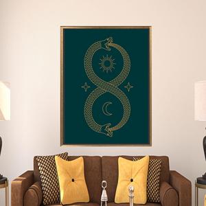 Toile d'art imprimée moderne Infinity Ouroboros, décoration élégante à double flamme, encadrée de doré - Product Image 1