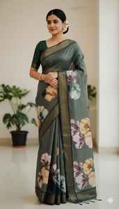 Sari Premium LilanSimmerSilk con Intrincado Bordado Aari Hecho a Mano, Colección Elegante para Fiestas con un Sutil Brillo Metálico - Product Image 6