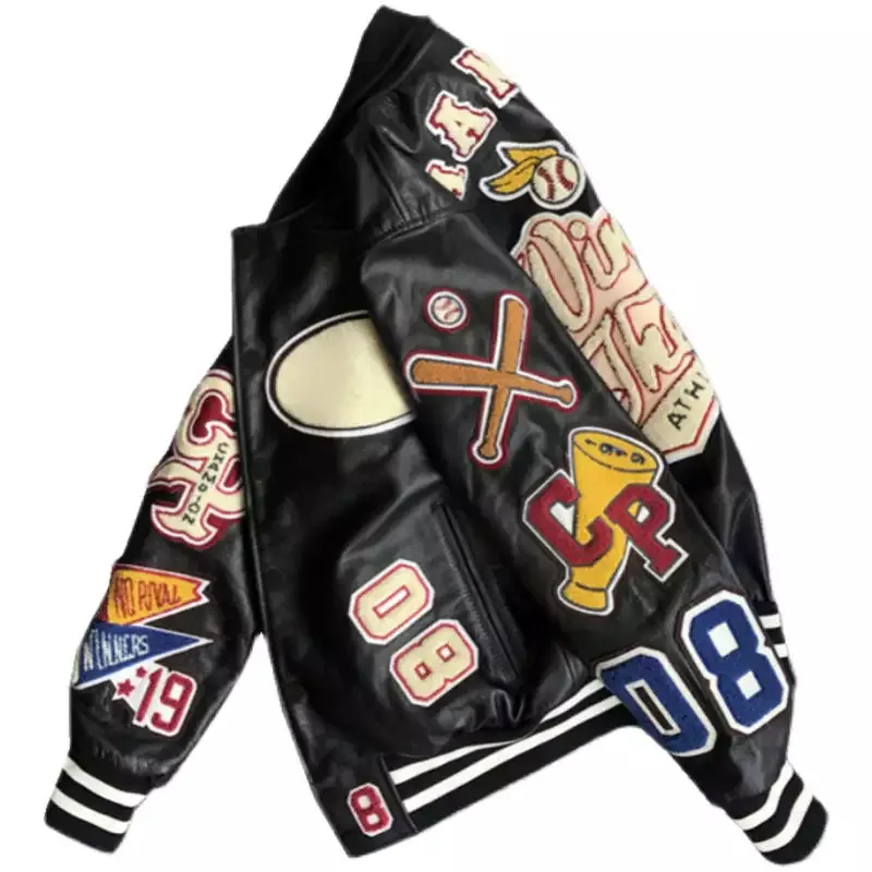 New Style Leather Men'S Motorcycle Jacket Spring And Autumn Embroidery Loose Baseball Leisure Varsity Jacket