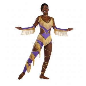 Costume de danse violet élégant avec des accents de franges dorées, tenue de performance à une manche pour femmes avec des manchons assortis - Product Image 1