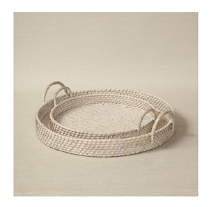 Plateau de service en rotin au design élégant 2 pièces Plateau de service à café en rotin blanc BOHO Prix supérieur - Product Image 1