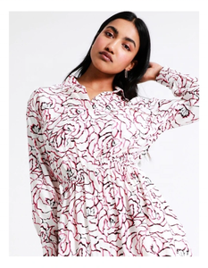 Decorated Unique Look Ladies Mini <b>Dress</b> Beautiful All-Over Rose Print <b>Elastic</b> Waist Collar Neck Full Sleeve A-Line Silhouette - Product Image 1