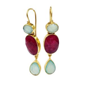 Boucles d'oreilles en argent Sterling 925 plaqué or, pierres précieuses en rubis et calcédonie faites à la main pour femmes, boucles d'oreilles de fête - Product Image 1