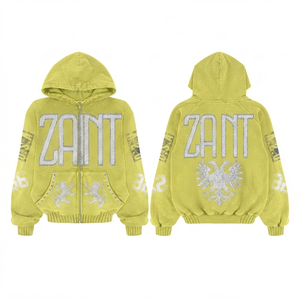เสื้อฮู้ดซิปผู้ชาย ผ้าคอตตอนผสมโพลีเอสเตอร์ 350 กรัม สีเขียวนีออน แต่งดีเทลขาดๆ ปักโลโก้ตามสั่ง สไตล์สตรีทแวร์สำหรับฤดูหนาว - Product Image 1
