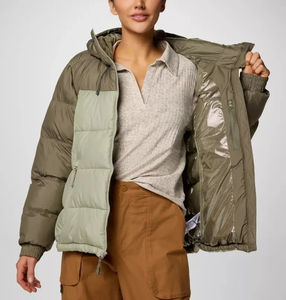 OEM Custom Stone Green Safari Full Zip Bubble <b>Hooded</b> <b>Women's</b> Winter <b>Jacket</b> Breathable Sheep Skin <b>Leather</b> Stand Collar - Product Image 2